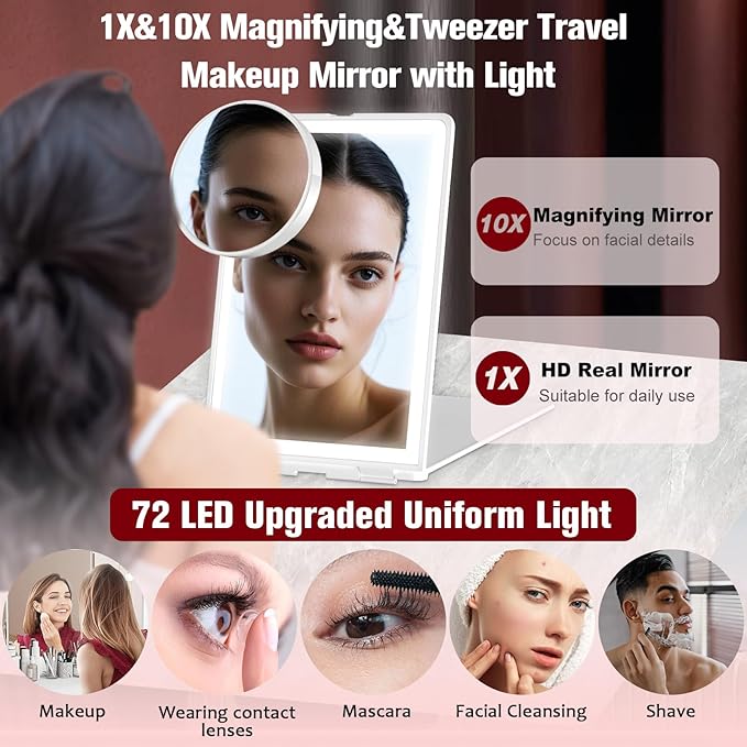 Travel Makeup Mirror with Lights Valentines Day Gifts for Her, Girlfriend, Wife, Birthday Gifts Rechargeable Portable Folding Compact LED Mirror Set with Tweezer 3 Color Light Modes
