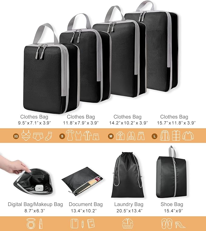 WOOMADA Compression Packing Cubes for Suitcases Travel Essentials 8 Set Expandable Travel Bags Organizer for Luggage(black)