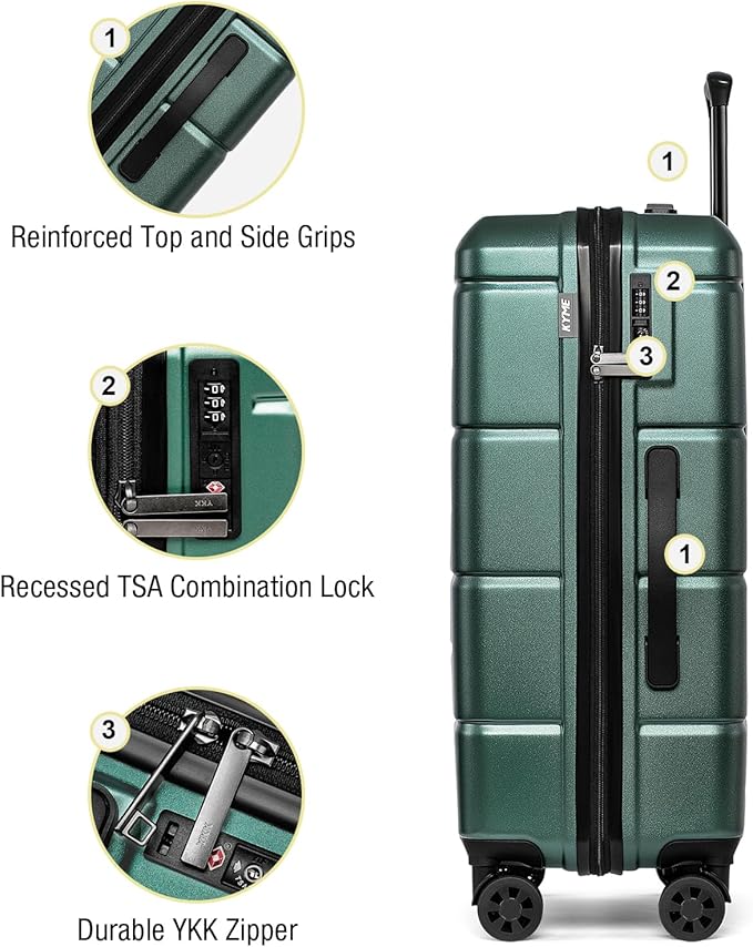 KYME Luggage Sets 2 Piece Suitcase Set Hardshell 20 inch/24 inch Luggage with Spinner Wheels Hardside PC+ABS Checked Large Suitcase with TSA Lock for Women Men Green
