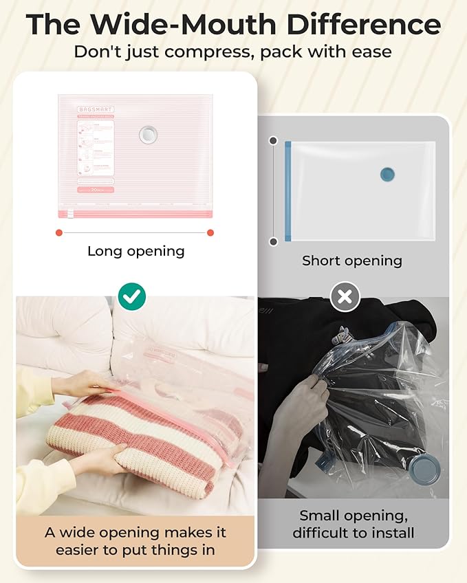 BAGSMART Vacuum Bags for Travel with Rechargeable Air Pump, Portable Space Saver Bags for Travel & Home, Vacuum Compression Seal Bag for Clothing, Blanket, 12 Pack Pink