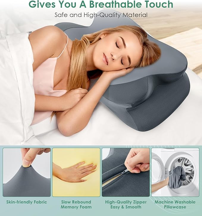 DONAMA Cervical Pillow for Sleeping, Contour Memory Foam Pillow for Neck and Shoulder Support, Ergonomic Neck Pillow for Side Back Stomach Sleepers, Bed Pillows with Cooling Pillowcase