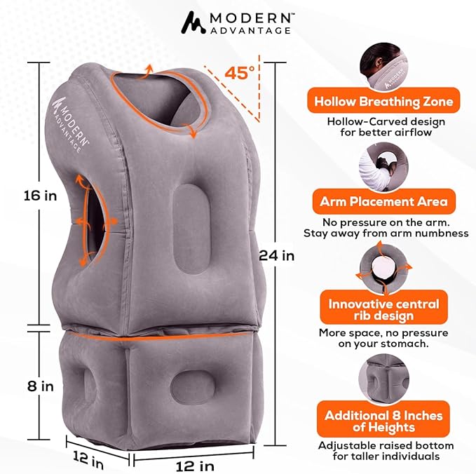 Modern Advantage Inflatable Travel Pillow with Adjustable Extra Bottom Support Neck Pillow for Chin & Head Stability Prevents Neck Pain Plane Pillow for Long Flight Travel - Eye Mask & Earplugs - Grey