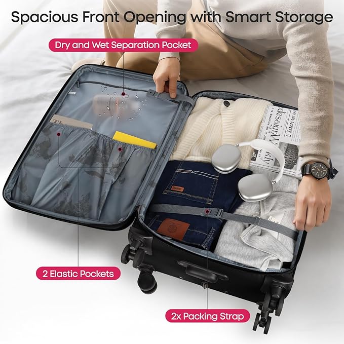3PCS Set Softside Luggage Sets w/ Spinner Wheels,Expandable 20% Suitcase Upright Spinner Softshell w/TSA LOCK, Lightweight Durable Rolling Travel Luggage Set for Men/Women（Black,22in/28in/32in）