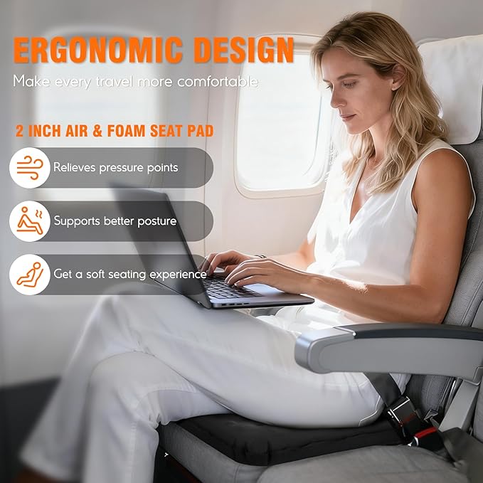 Inflatable Seat Cushion, Self-Inflating Memory Foam Stadium Seats Cushion Lightweight & Compact Chair Sitting Pad Airplane Cushion for Long Flight Travel Outdoor Camping Car Bleachers Office