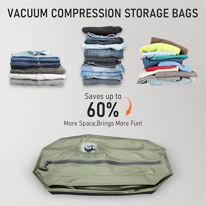 VJI Reusable Vacuum Bag for Travel, IPX8 Waterproof Compression Storage Bag for Luggage and Closet, Space Saving and Leakproof Packing Organizer (Green, With pump)