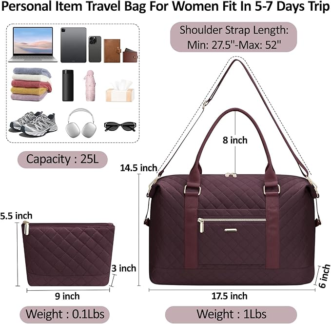 Quilted Travel Duffle Bag for Travel Women with Toiletry Bag, Large Weekender Bags for Women Carry on Duffel Overnight Bag, Waterproof Travel Tote Bags for Sports, Weekender, Business, Red