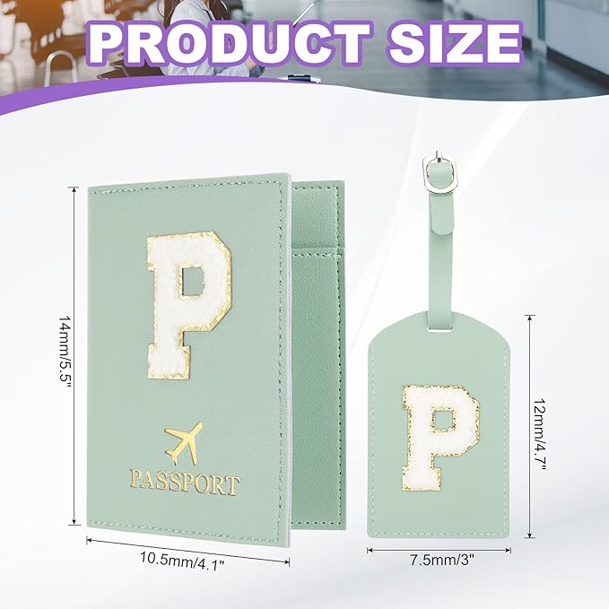 PATIKIL Passport Holder for Travel, Initial Passport Cover and Luggage Tag Set with Alphabet Chenille Letter Patch Travel Wallet Bag Suitcase Identifier for Women Family Travel Green P