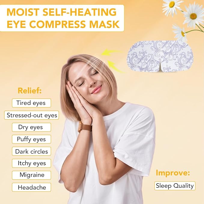XPCARE 24 Pack Steam Eye Masks for Dry Eyes, Self Heated Steam Warm Eye Mask, Disposable Heated Eye Mask for Dark Circles, Puffy Eyes, Relief Stress Eye Fatigue（Chamomile）