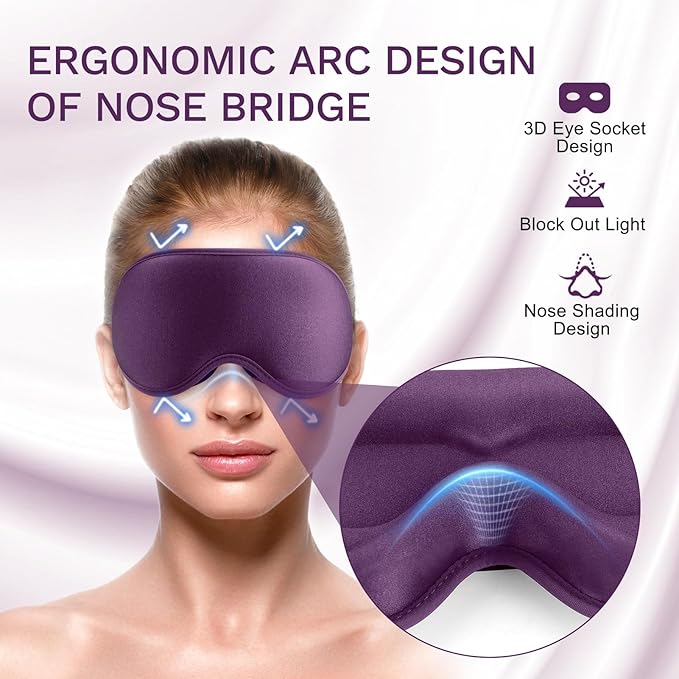 FlyCoco 99% Fully Block Out Light Eye Sleep Mask, 3D Deep Contoured Eyes Cover Zero Pressure, Long Lash Extension Eyes Mask with Adjustable Straps for Sleeping Travel Home Nap Rest Women Men (Purple)