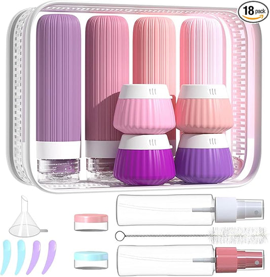 18 Pack Travel Bottles Set, TSA Approved Leak Proof Silicone Squeezable Containers for Toiletries, Refillable Travel Accessories for Conditioner, Shampoo, Lotion & Body Wash Accessories