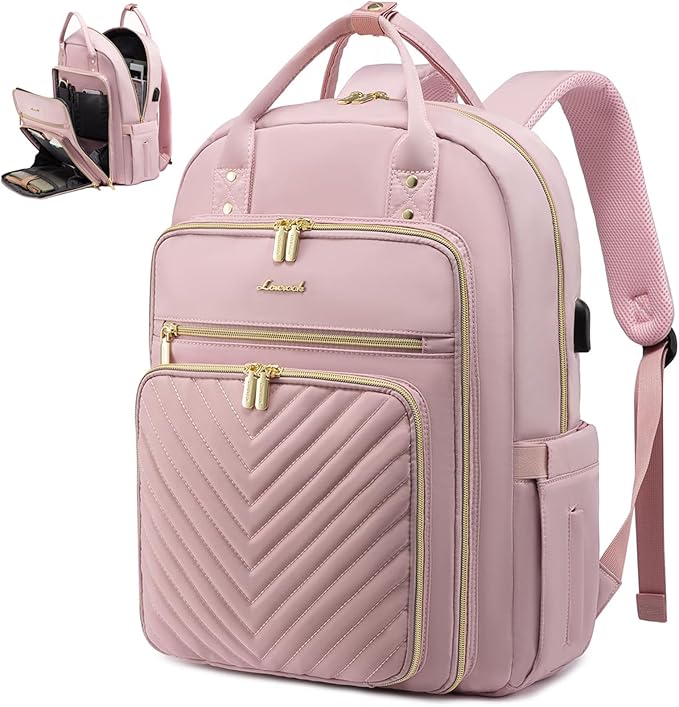 LOVEVOOK Laptop Backpack for Women, Water Resistant Travel Work Backpacks Purse Stylish Business Teacher Nurse Computer Bag with USB Charging Port,Pink