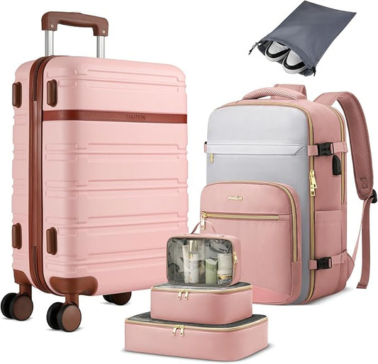 YAMTION Luggage Sets 6 Piece,Hardside 20In Suitcase with Spinner Wheels,TSA Lock,Carry On Suitcase Travel Essentials for Personal Items,Pink