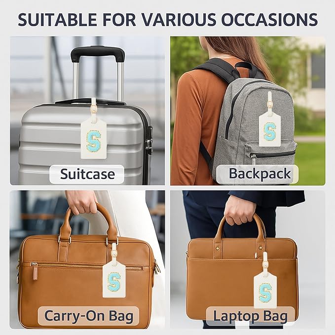 Embroidered Luggage Tag – Initial Bag Tag for Suitcase, Backpack, Carry-On, Duffel – Faux Leather Travel Accessory, Name Identifier, ID Label for Travel Bags (S, White Leather+Blue Letter)