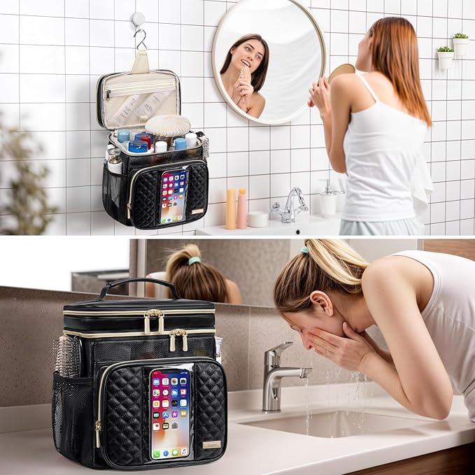 Large Leather Toiletry Bag for Women Men,Bathroom Bag,Water Resistant Shower Bag,Makeup Bag,Portable Shower Caddy for College Dorm,Hanging Travel Toiletry Bag with Transparent Waterproof Phone Pocket