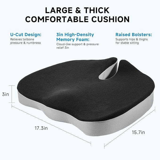 Ergonomic Memory Foam Seat Cushion Premium Coccyx Support for Tailbone & Lower Back Relief, Contoured U-Shape Design, Non-Slip Base, Washable Cover