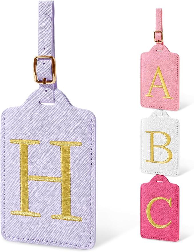Initial Luggage Tags for Suitcases, Cute Embroidered Letter Luggage Bag Suitcase Identifier Name Baggage Tag, PU Leather Travel Luggage Tags, Bag Tags for Men Women Kids Luggage Handbags(Purple H)