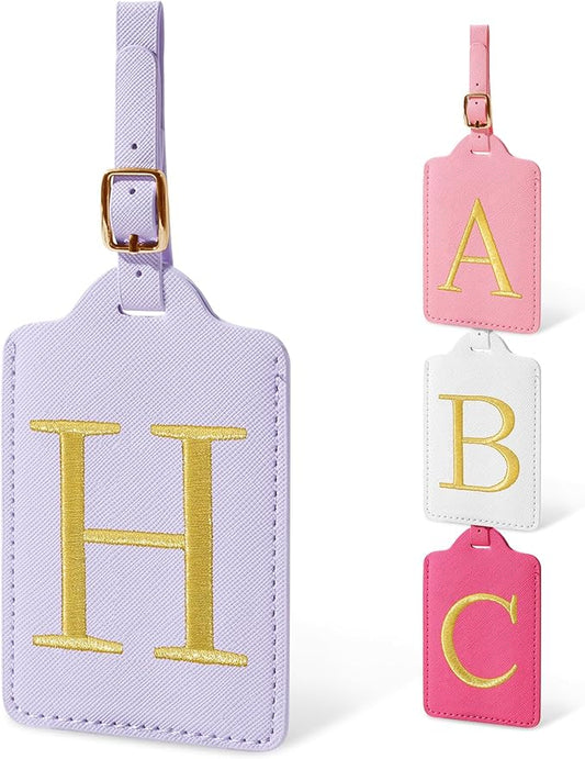 Initial Luggage Tags for Suitcases, Cute Embroidered Letter Luggage Bag Suitcase Identifier Name Baggage Tag, PU Leather Travel Luggage Tags, Bag Tags for Men Women Kids Luggage Handbags(Purple H)