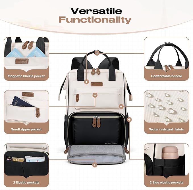 Maelstrom Travel Backpack for Women Men,Laptop Backpack Fits 15.6-17.3 Inch Laptop, Nurse/Work Bag with Insulated Lunch Box (Black-beige)
