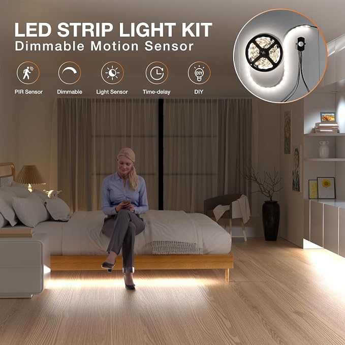 Sensky 8.2ft Motion Activated LED Strip Light Kit with FCC Listed Adapter for Gun Safe, Under Cabinet, Under Bed, Pantry, Kitchen, Stairway, Closet Lighting (Cool White,Upgraded Version)