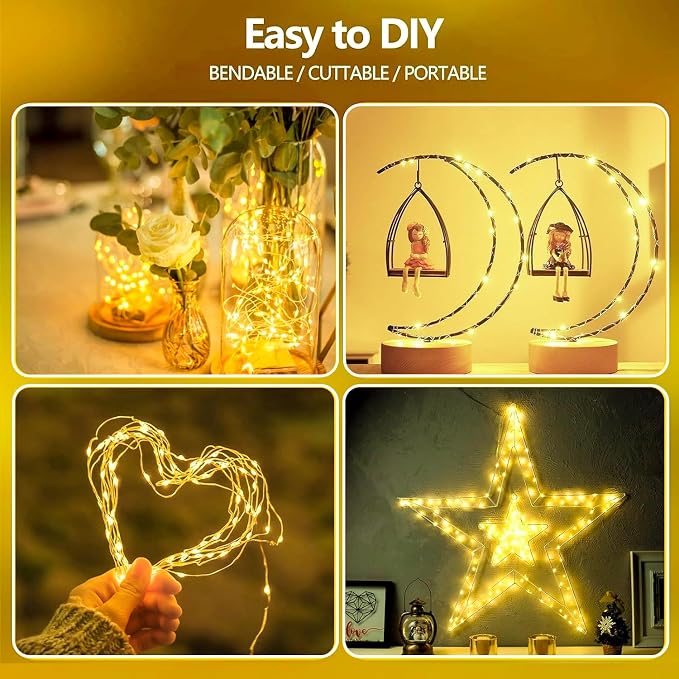 2 Pack Fairy Lights Battery Operated 16 FT 50 LED String Lights Warm White | Timer, Flexiable Waterproof Wire, Cuttable LED Fairy Lights Indoor for Christmas Wreath Holiday Mantel Mason Jar DIY Decor