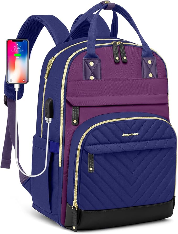 Laptop Backpack for Women Work Bag - 15.6 inch Travel Backpack Purse with USB Charger College Bookbag Waterproof Cute Casual Daypack Fashion Business Computer Backpacks for Teacher Nurse Purple Blue