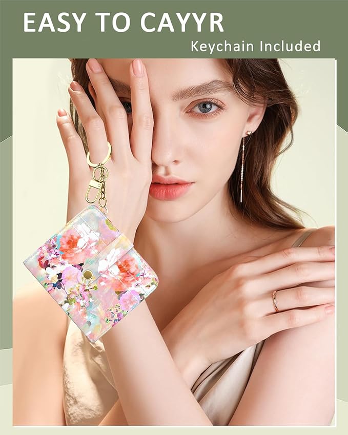 Aiawoxc Womens Wallet, RFID Small Wallets for Women, Slim Compact Credit Card Holder, Cute Leather Bifold Ladies Purse with Zipper Coin Pocket and ID Window, Watercolor Flowers