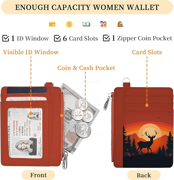 Hancynir Slim Wallet Women Credit Card Holder Sunset Deer RFID Small Mini Card Case Front Pocket PU Leather Thin Travel Zipper Coin Cash ID Window Ladies Female Wallet Gifts