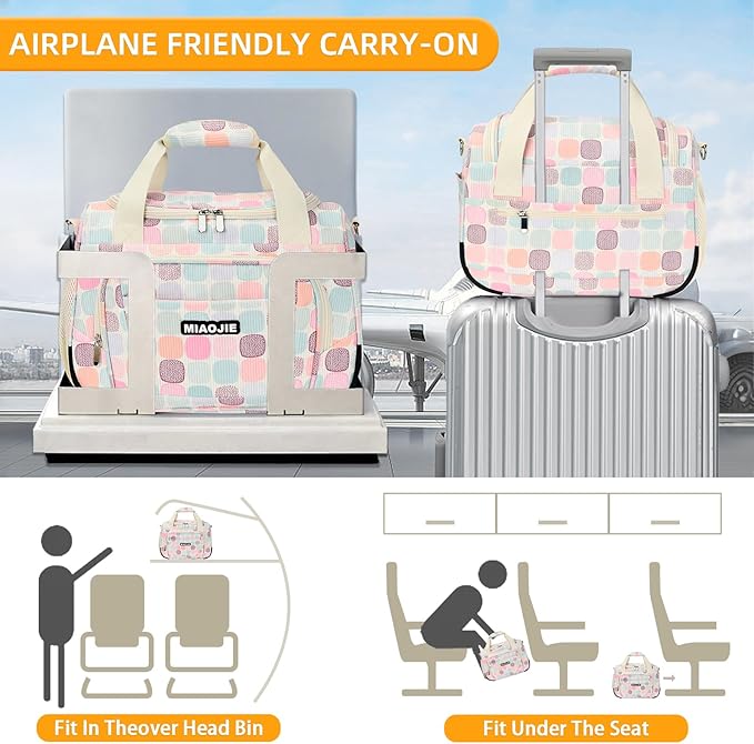 Underseat Carry On Luggage Lightweight Travel Tote Weekender Bag Overnight Duffle Bag for Travel, Travel Essentials Personal Item Travel Bag for Women, Corduroy Colorful Plaid-16Inch