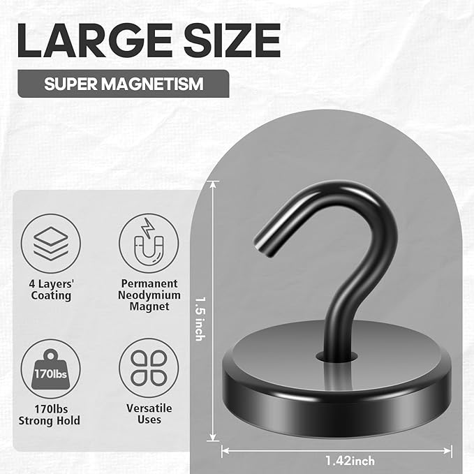Neosmuk Magnetic Hooks, Heavy Duty 170lb Strong Magnets for Cruise Cabins, Ship Essentials, Large Metal Hooks for Hanging on Fridge(Black,Pack of 6)