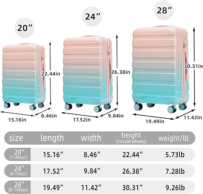 Luggage Sets, ABS Hardshell Suitcase Spinner Wheels and Lock