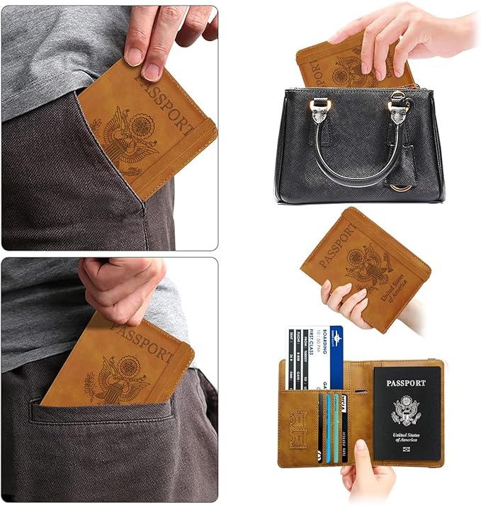 WALNEW Passport Holder for Travel, RFID Passport Cover Wallet for Women Men, PU Leather Passport Book Card Holder Case with Pen (Upgraded, Upgraded-Brown)