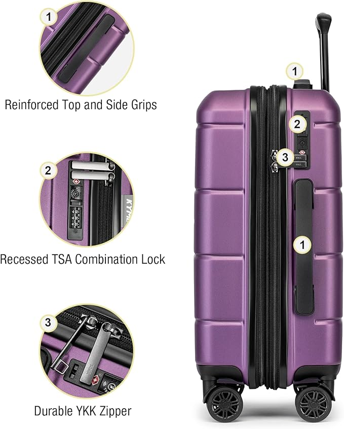 KYME Carry On Luggage 22x14x9 Airline Approved with TSA Lock Hardshell Expandable 20 Inch Luggage Carry On Suitcase with Wheels Small Travel Rolling Luggage with Cup Holder for Women Dark Purple