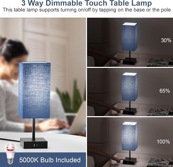 Bedside Table Lamp for Bedroom with 2USB Ports, 14-Inch, NavyBlue | USB A+C Ports, Touch 3-Way Dimmable LED Bulb Included Fabric Lampshade Metal Base Small Nightstand Lamp for Desk Living Room