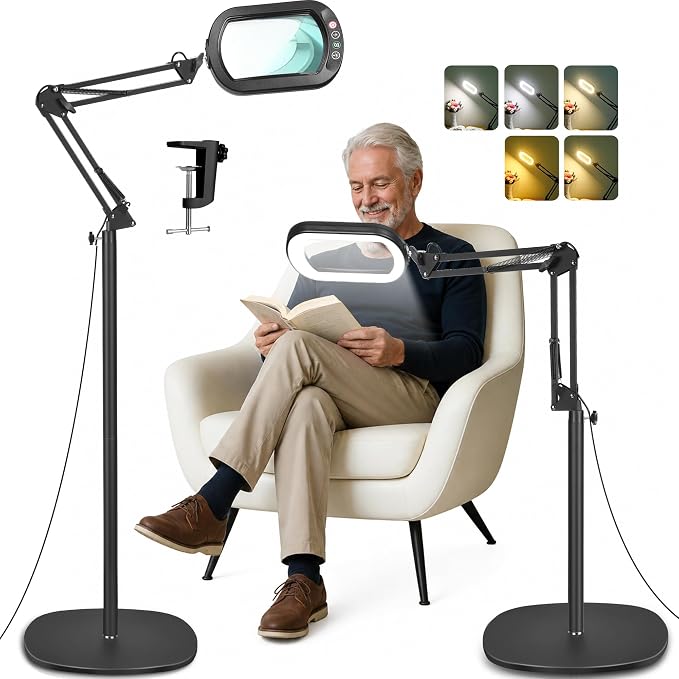 IVMAIE 10X Magnifying Glass with Light and Stand, Real Glass Lens, 5 Color Modes LED Dimmable Lighted, 3-in-1 Floor Lamp with Clamp, Hands Free Magnifier for Reading, Craft Close Work, Carbon Black