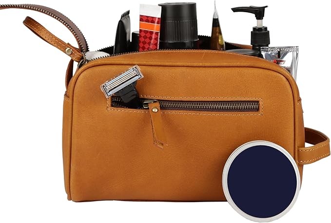 KomalC Travel Toiletry Bag – Premium Leather Dopp Kit for Men & Women with Water-Resistant Lining & Spacious Zippered Organizer