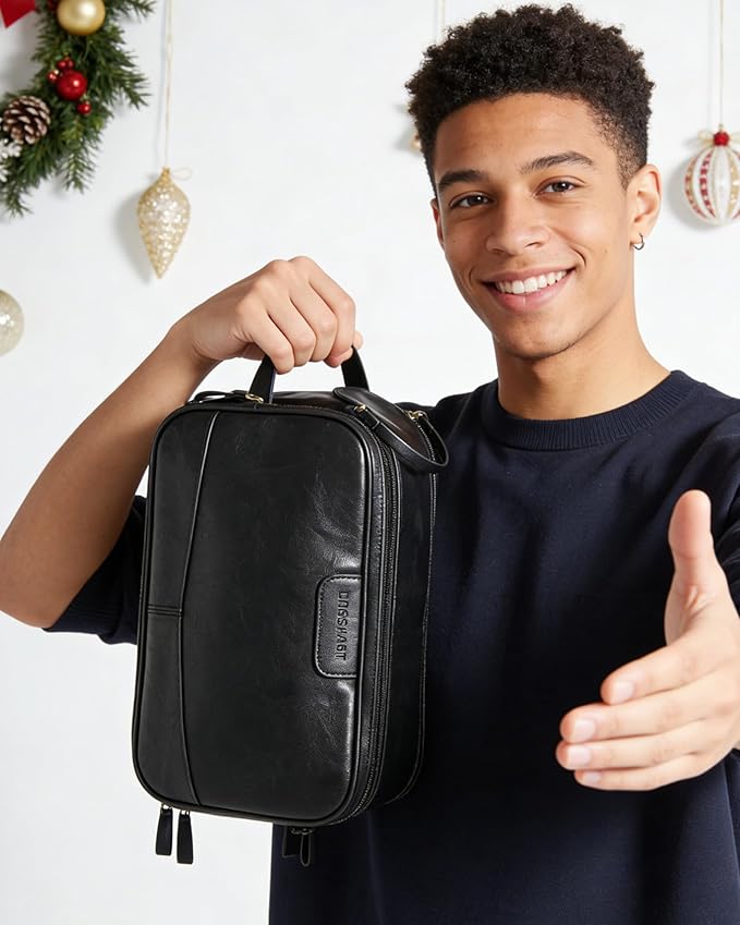 BAGSMART Large Toiletry Bag for Men, High-gloss PU Leather Travel Bag for Toiletries, Dopp Kit Water Resistant Shaving Bag for Bathroom Shower-Black