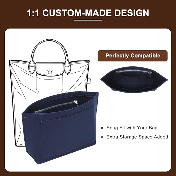 Doxo Felt Purse Organizer Insert for Longchamp Le Pliage M Totes, Longchamp Orgainzer Insert Meduim with 7 Compartments & YKK Zipper | Fits Long Champ Meidum Top Handle Tote Bag (SM, Navy)