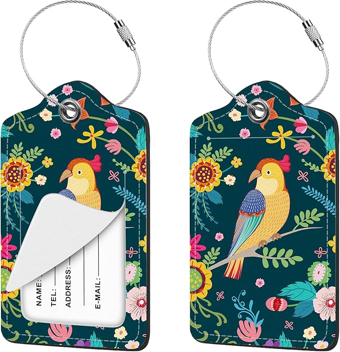 2 Pcs Luggage Tag for Suitcases, Floral Bird Cute PU Leather Suitcase Tag Privacy Cover Name ID Label with Metal Loop, Personalized Baggage Identifier for Women Cruise Bag Travel Essentials