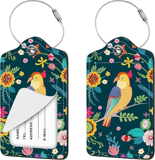 2 Pcs Luggage Tag for Suitcases, Floral Bird Cute PU Leather Suitcase Tag Privacy Cover Name ID Label with Metal Loop, Personalized Baggage Identifier for Women Cruise Bag Travel Essentials