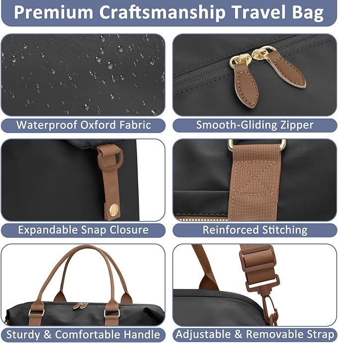 Travel Duffle Bag for Women, Weekender Bags, Hospital Bag for Labor Delivery, Lightweight Tote Duffel Overnight Bag with Luggage Sleeve, Airplane Travel Bags with Toiletry Bag, Large, Black
