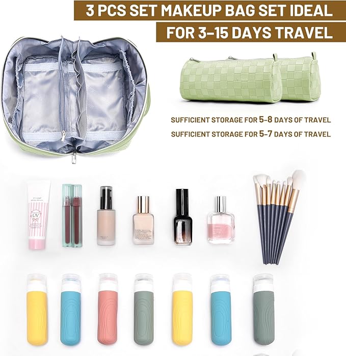 BOYATU Travel Makeup Bag Organizer: 3 Pcs Set Large Capacity Cosmetic Bags Holds 10–20 100ml Full-Size Bottles - 180°Open-Flat Make up Case 3-sec touch-up - Toiletry Bag Gift women (01-D-Green)