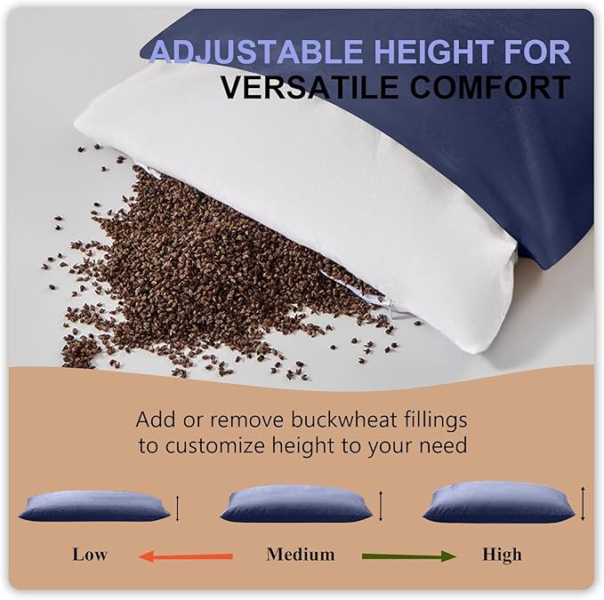 Organic Buckwheat Pillow for Sleeping with Dual-Layer Pillowcase and Extra Tartary Buckwheat Hulls, Adjust Height and Firmness, Neck Support Pillow for Back and Side Sleepers 14"x20", Navy Blue