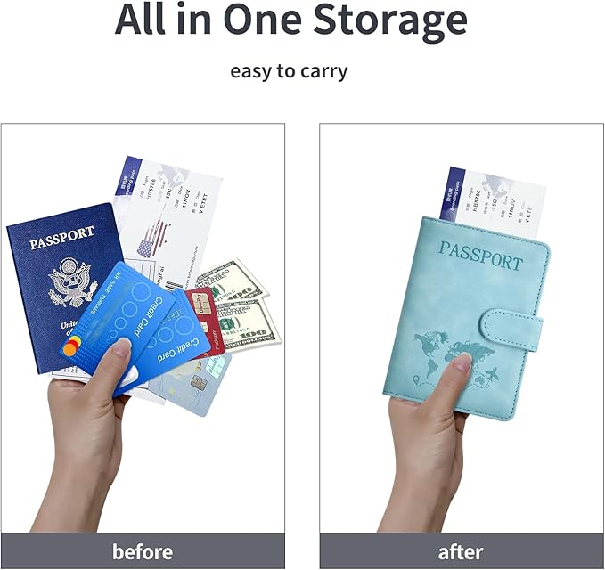 Passport Holder, Passport Cover with Credit Card Slot and Boarding Pass Slot Combo, Passport Wallet Case Book Travel Must Have, RFID Blocking Leather Travel Accessories, Light Blue