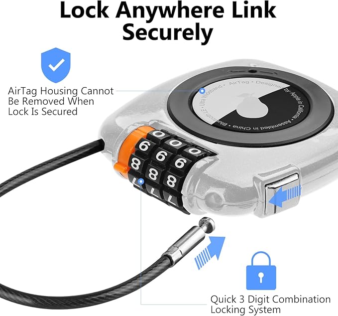 Compatible with Apple AirTag Secure Lock with Wire Cable, 3-Digit Combination Luggage Locks, Alloy Body Ultra Durable Anti-Lost Protective Case for Luggage, Suitcase (White*4)