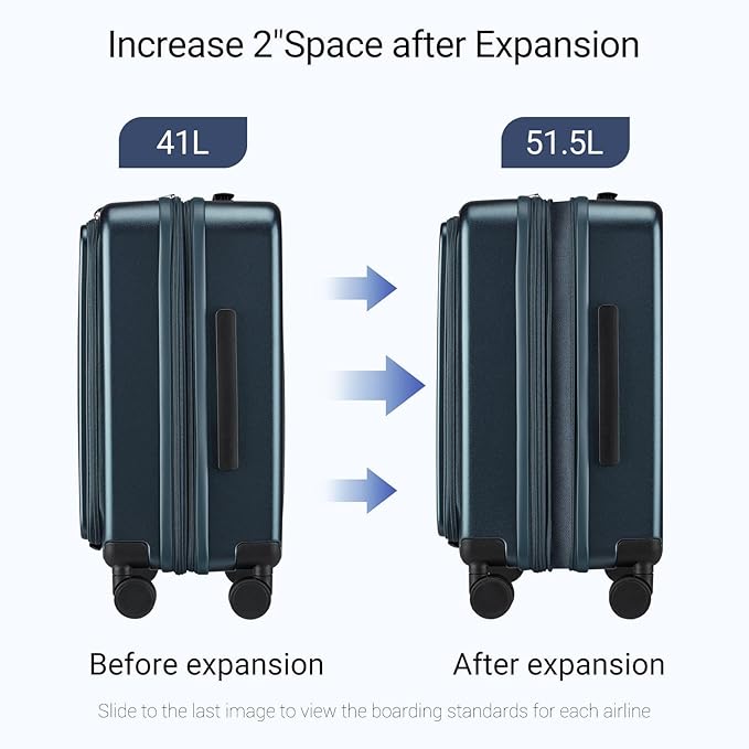 Carry On Luggage with Top Opening, Expandable with Front Pocket and USB Charging Port, Lightweight with front compartment Rolling Suitcases with Spinner Wheels (Navy, 20 Inch)