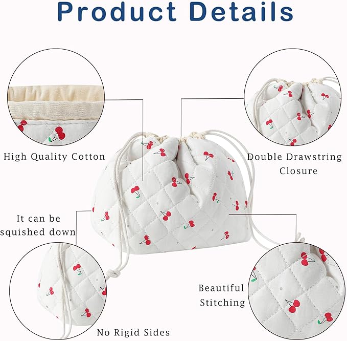 uekeboag Cotton Quilted Drawstring Makeup Bag with Canvas Lining,Coquette Aesthetic Cute Travel Toiletry Bag,Drawstring Gift Bag for Women and Girls(01Cherry)