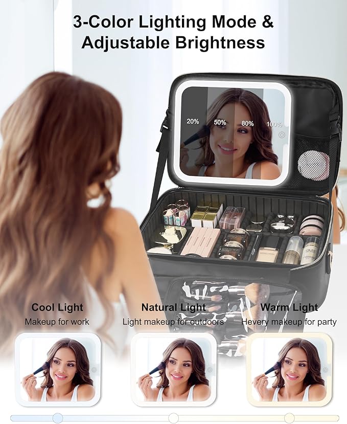Relavel Makeup Train Case With LED Mirror, Professional Travel Cosmetic Bag with Removable Partitions, Compact Makeup Organizer with Shoulder Strap, Waterproof Travel Case for Women, Black