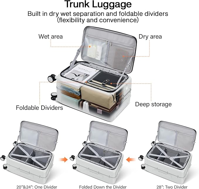 Hanke 20 Inch Carry On Luggage with Cup Holder and Charge,Top Opening Hard Shell Suitcases with Wheels and Dividers,Aluminum Frame Trunk Luggage Small Suitcase with Lock for Travel,Smoke White