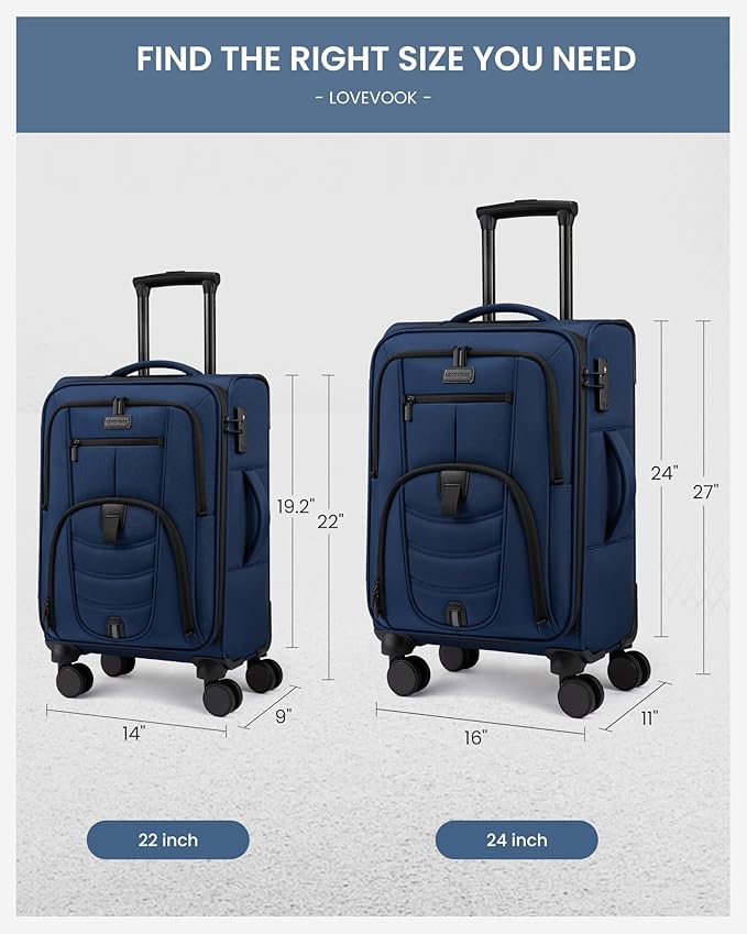 LOVEVOOK Business Softside Checked Luggage with 15.6/17.3 Inch Laptop Compartment, 24 Inch Checked Suitcase with Spinner Wheels, Large Capacity Luggage with TSA Lock for Business Trip Travel Navy Bule