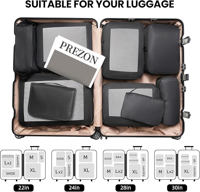Mesh Packing Cubes for Travel, Durable Luggage Organizer with Sturdy Material and Double Zippers, Comprehensive Set for Travel Accessories Storage, 10 set, black